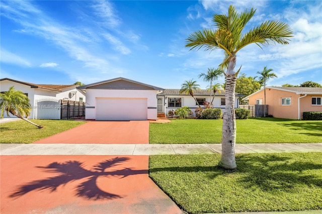 ranch-style house with a front yard and a garage