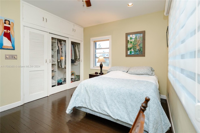 bedroom featuring ceiling fan, dark wood-type flooring, and a closet