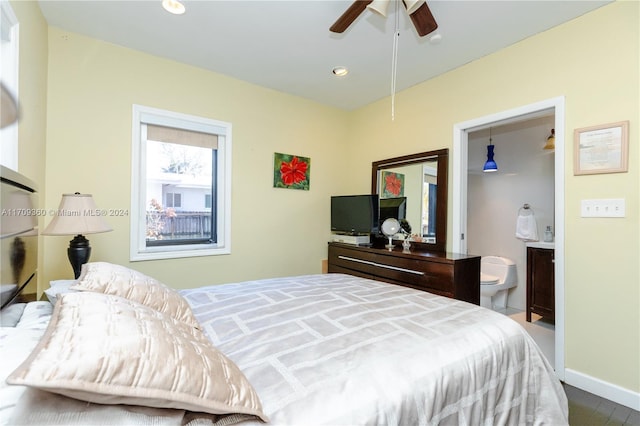 bedroom featuring ceiling fan and ensuite bathroom