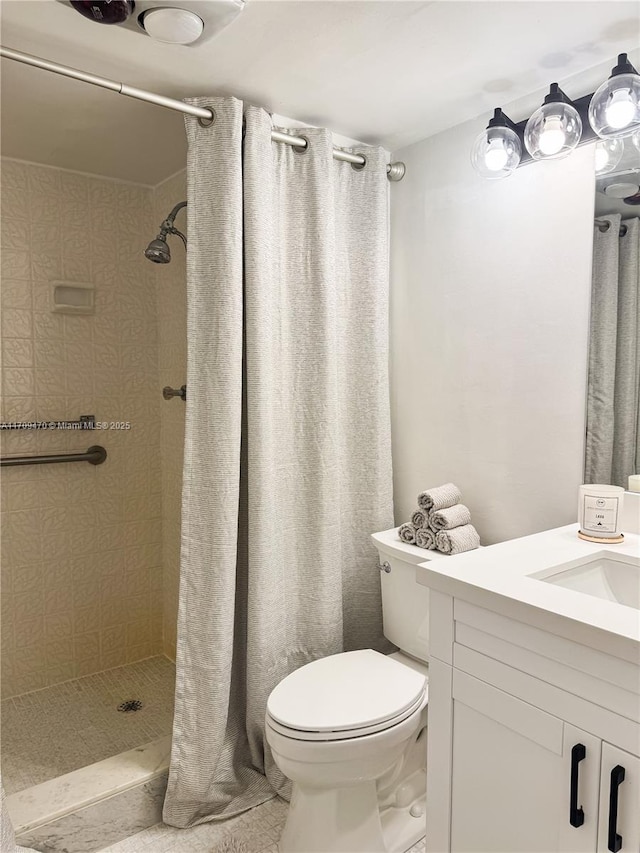 bathroom with a shower stall, toilet, and vanity