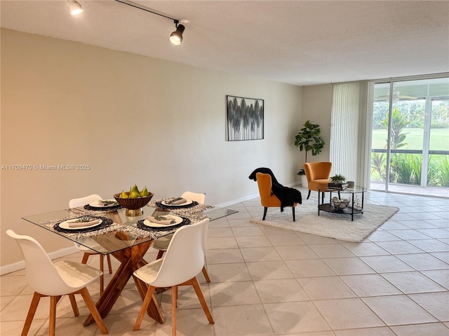 dining area featuring rail lighting, a wall of windows, light tile patterned floors, and baseboards