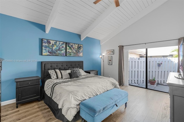 bedroom featuring access to outside, vaulted ceiling with beams, ceiling fan, light hardwood / wood-style floors, and wood ceiling