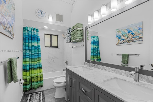 full bathroom with tile patterned flooring, vanity, toilet, and shower / tub combo with curtain