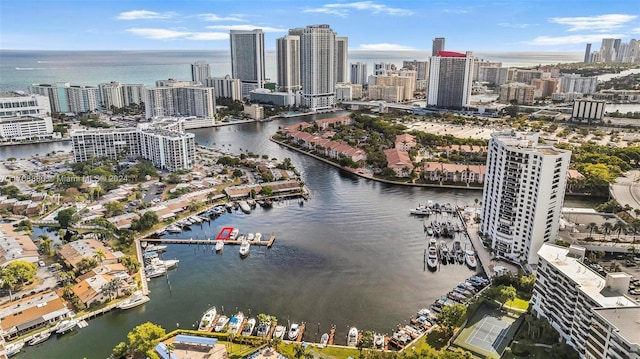 drone / aerial view featuring a water view