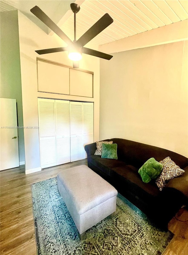 living room with hardwood / wood-style floors and wood ceiling