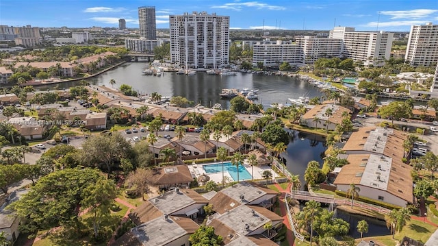 birds eye view of property featuring a water view