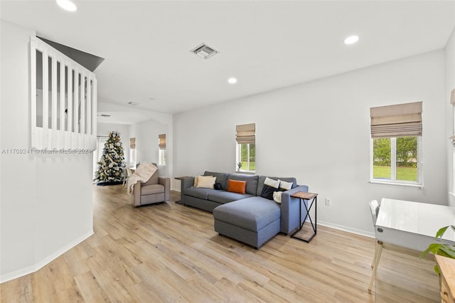 living room with a healthy amount of sunlight and light hardwood / wood-style flooring