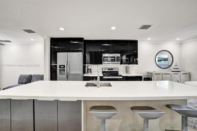 kitchen featuring sink, stainless steel appliances, and a large island with sink