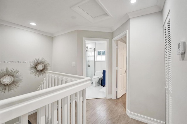 hallway with crown molding and light hardwood / wood-style flooring