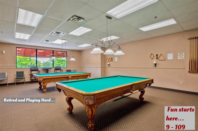 rec room featuring a drop ceiling, carpet, and pool table