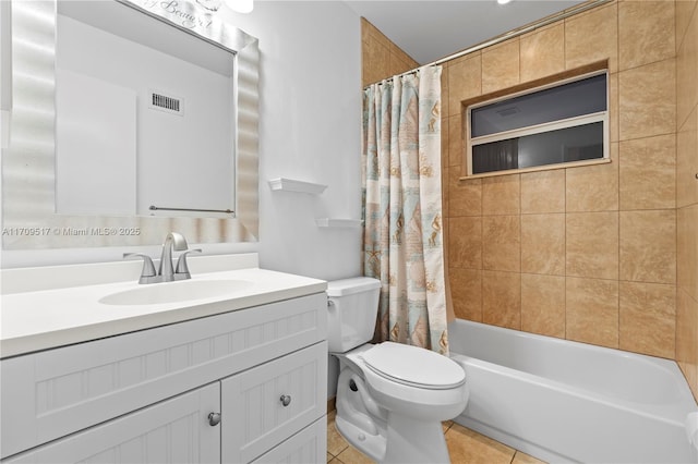 full bathroom with tile patterned floors, vanity, toilet, and shower / bathtub combination with curtain