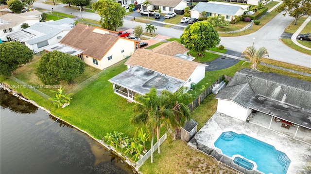 drone / aerial view with a water view