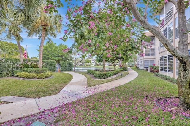 view of home's community with a yard and a water view