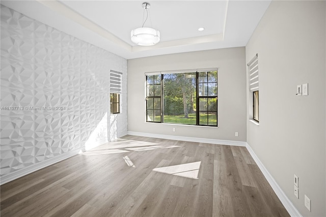 spare room featuring hardwood / wood-style flooring and a raised ceiling