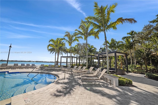 view of swimming pool with a patio area and a water view