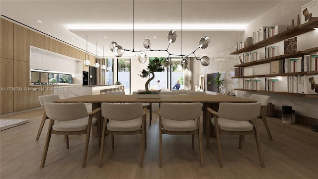 kitchen featuring decorative light fixtures, light wood-type flooring, a breakfast bar area, and wooden walls