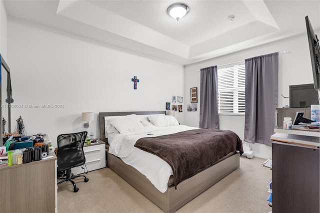 bedroom with a raised ceiling and light colored carpet