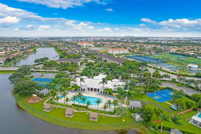 aerial view featuring a water view