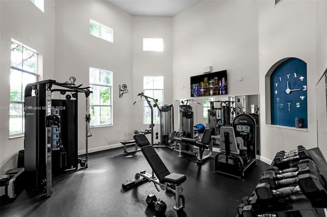 workout area featuring a high ceiling and a healthy amount of sunlight