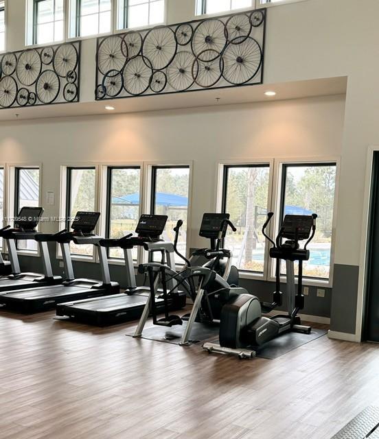 workout area with light wood-type flooring and a towering ceiling