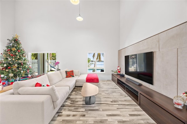 living room featuring a towering ceiling