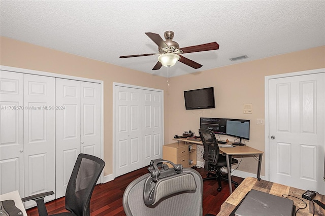 office area with ceiling fan, dark wood-type flooring, and a textured ceiling