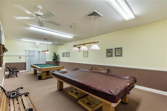 game room with ceiling fan, carpet floors, and pool table