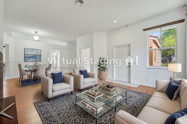 living room with crown molding, a textured ceiling, and light hardwood / wood-style flooring