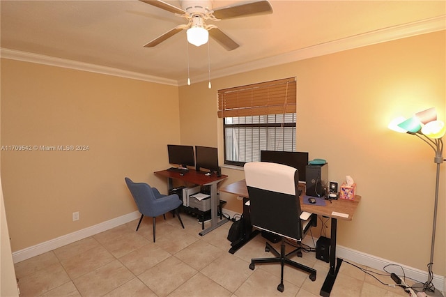 tiled office with ceiling fan and ornamental molding