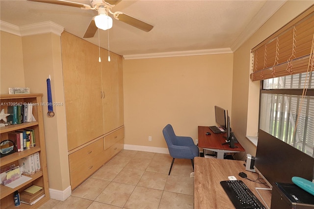 tiled office featuring ceiling fan and crown molding