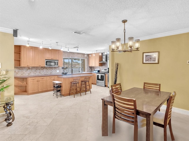 dining space with a textured ceiling, a notable chandelier, crown molding, and rail lighting