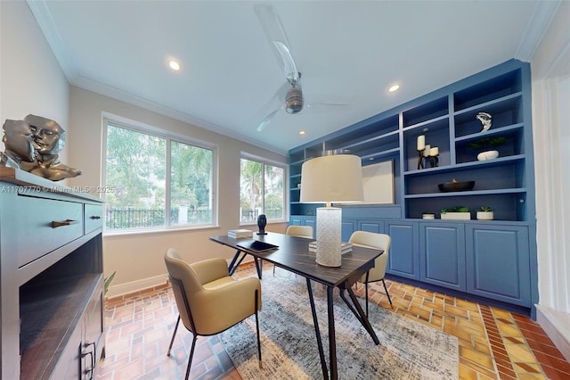 office with ornamental molding and ceiling fan