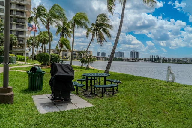 view of home's community featuring a water view and a yard