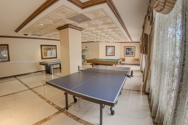 playroom featuring pool table and ornamental molding