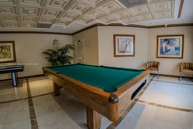 playroom with ornamental molding and billiards