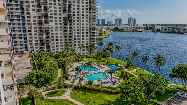 drone / aerial view featuring a water view