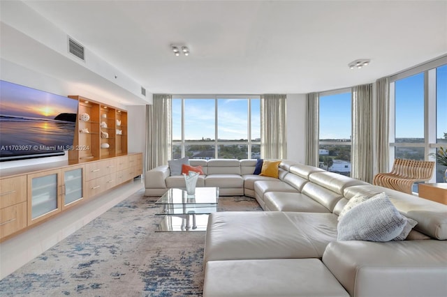 living room with a wall of windows