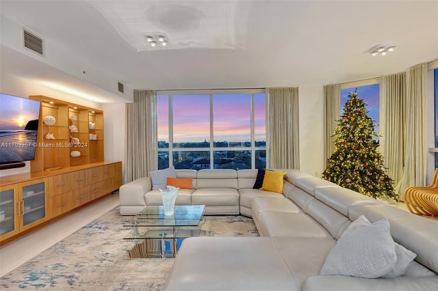 living room with a wall of windows