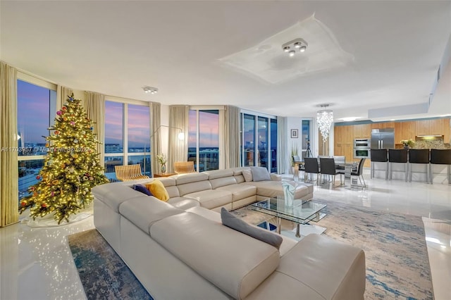 living room with floor to ceiling windows