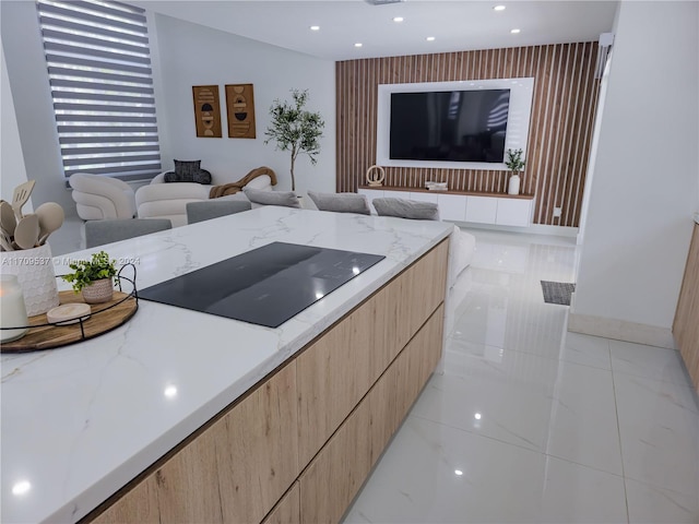 kitchen featuring light stone counters and light brown cabinetry