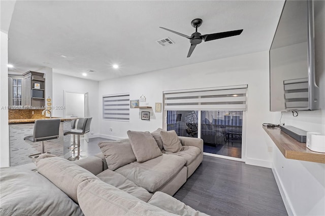 10307 SW 20th St, Miramar, FL 33025 - living room featuring ceiling fan, recessed lighting, and dark wood-style floors