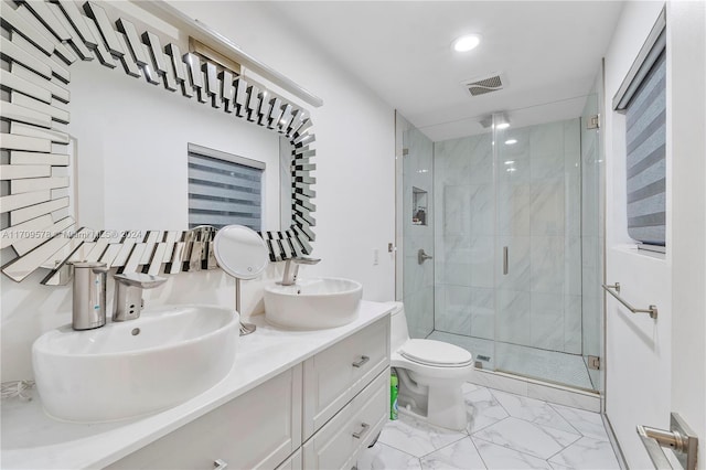 10307 SW 20th St, Miramar, FL 33025 - full bathroom with marble finish floors, a shower stall, double vanity, and recessed lighting