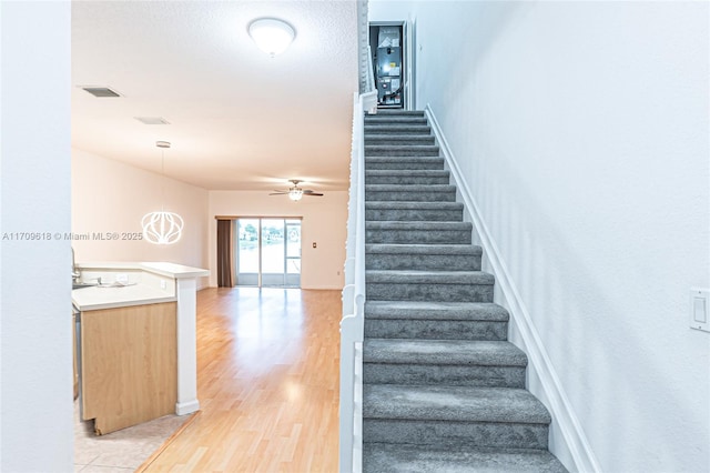 stairs featuring ceiling fan, visible vents, baseboards, and wood finished floors