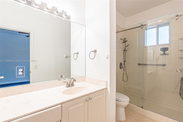 full bathroom with tile patterned floors, a shower stall, toilet, and vanity