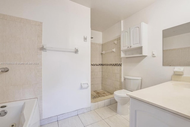 full bathroom featuring tile patterned floors, plus walk in shower, vanity, and toilet