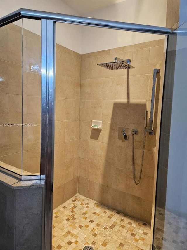 bathroom featuring a shower with shower door