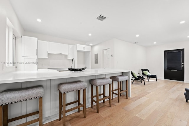 kitchen with electric panel, kitchen peninsula, light hardwood / wood-style floors, a kitchen bar, and white cabinetry