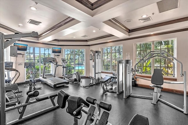 workout area featuring coffered ceiling and ornamental molding