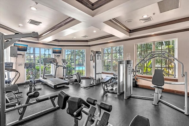 3659 NW Adriatic Ln Unit 305, Jensen Beach, FL 34957 - exercise room featuring crown molding, recessed lighting, coffered ceiling, and beamed ceiling