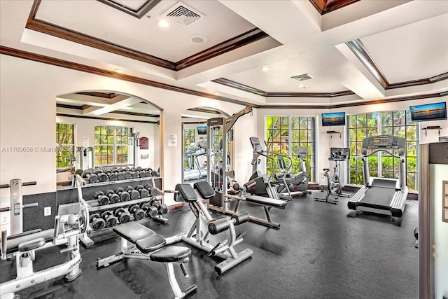 3659 NW Adriatic Ln Unit 305, Jensen Beach, FL 34957 - exercise room with crown molding, arched walkways, coffered ceiling, plenty of natural light, and beamed ceiling